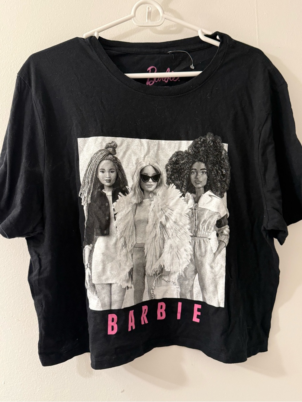 Mattel Barbie Black crop Tee with Pink Logo and Monochrome Doll Graphic